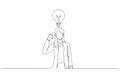 Cartoon of businesswoman pointing to head with one finger found and remember idea. Continuous line art style