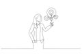 Cartoon of businesswoman presenting innovative lightbulb with cogs and gears concept of Innovation. Single continuous line art Royalty Free Stock Photo