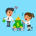 Cartoon businesswoman pushing money trolley and businessman holding small money bag