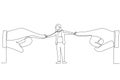 Cartoon of businesswoman resisting pressure from two pointing giant hand. One line style art