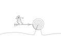 Cartoon of businesswoman riding on arrow. Continuous line art style