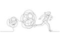 Cartoon of businesswoman running away from tangled line ball concept of avoid problem. Single line art style