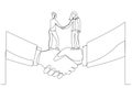 Cartoon of businesswoman shaking hands and making deal standing on giant hand. Metaphor for small and big business. One line art Royalty Free Stock Photo