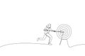 Cartoon of businesswoman shooting target with arrow. Metaphor for market goal achievement, financial aim. Single continuous line