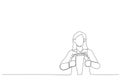 Cartoon of businesswoman show thumb up expressing good job. Single continuous line art style