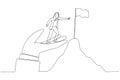 Cartoon of businesswoman stand on giant helping hand to reach top of mountain target flag. Continuous line art style