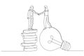 Cartoon of businesswoman standing on lightbulb idea lamp shaking hands. Idea pitching. Continuous line art Royalty Free Stock Photo