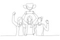 Cartoon of businesswoman standing in medals on necks holding golden trophy concept on teamwork. Continuous line art style