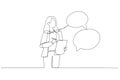Cartoon of businesswoman taking note in the meeting while listen to others information concept of minutes of meeting. Single line