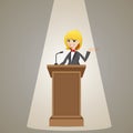 Cartoon businesswoman talking on podium