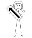 Cartoon of Businesswoman or Woman Holding Arrow Sign Pointing Left and Up