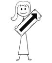 Cartoon of Businesswoman or Woman Holding Arrow Sign Pointing Right and Up