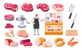 Cartoon butcher with meat. Man character with knife in chef uniform offering fresh products, sausages beef pork steaks