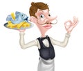 Cartoon Butler Holding Fish and Chips Royalty Free Stock Photo