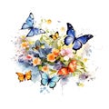 Cartoon butterflies and flowers border set. Flying insects, delicate moths species with multicolored wings collection. Royalty Free Stock Photo