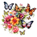 Cartoon butterflies and flowers border set. Flying insects, delicate moths species with multicolored wings collection.