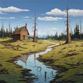 Cartoon Cabin Illustration In Expansive Pine Tree Forest