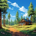 Cartoon Cabin In A Serene Forest Landscape