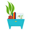 Cartoon beside cabinet with books, home plant and aquarium. Bedroom element. Royalty Free Stock Photo