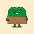 cartoon Cactus holding blank wooden text board