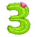 Cartoon cactus number 3 with flower font kids numbers. Figure Three.