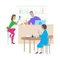 Cartoon cafe scene. Young woman drinks cocktail in high chair, barista behind the bar, woman sits at table and uses calculator in Royalty Free Stock Photo