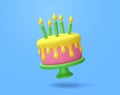 Cartoon cake with candles isolated on blue background. Clipping path included