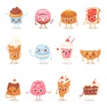 Cartoon cake character vector chocolate sweets confectionery cupcake emotion and sweet confection dessert with caked