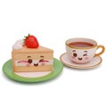 Cartoon cake slice with strawberry and tea cup with face on white background still life image Royalty Free Stock Photo