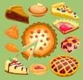 Cartoon cakes pie slice fresh tasty berry dessert sweet pastry pie isolated on background. Gourmet homemade delicious