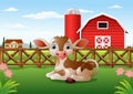 Cartoon calf with farm background