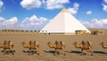 Cartoon camel caravan going through the desert, near the Great Pyramid of Khufu in ancient Egypt.