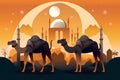 A cartoon of camels with a mosque in the background. AI generation Royalty Free Stock Photo