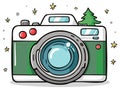 Cartoon camera illustration with Christmas tree and stars Royalty Free Stock Photo