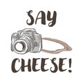 Cartoon Camera with a say cheese phrase note in flat style in vector Royalty Free Stock Photo