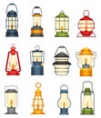 Cartoon camp lamp. Vintage camping lantern, portable lighting devices with flames vector illustration set