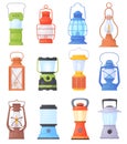 Cartoon camp lanterns. Garden lantern candles, kerosene lamp for camping travelling, vintage old lamps on gas or oil Royalty Free Stock Photo