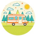 Cartoon Camper Van in Outdoor Setting with Trees Clouds and Sun Design Royalty Free Stock Photo
