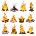 Cartoon campfire. Wood bonfire, burning log and fieldstone fire pit. Stacking firewood types and extinguished fire Royalty Free Stock Photo