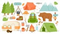 Cartoon camping and hiking equipment, tent and forest nature. Camp fire, bag, road home, lantern and mat. Survival hike Royalty Free Stock Photo