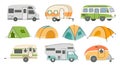 Cartoon camping RV trailers and cars, road motorhomes and tents. Camp caravan vehicle for nature vacation and summer Royalty Free Stock Photo