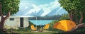 Cartoon camping. Summer nature scene with trailer tent and bonfire. Scenic forest panorama. Lake and mountain peaks