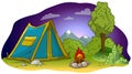 Cartoon camping tent and campfire on grass lawn Royalty Free Stock Photo