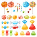 Cartoon candies. Multi colored different types caramel, in wrappers and on sticks, marmalade bear and lollipop, sweet