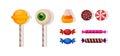 Cartoon candies set for halloween. Eye lollipop, long candy, isolated Royalty Free Stock Photo