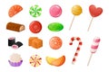 Cartoon candies. Sweet caramel desserts. Lollipop and gummy jelly. Toffee and chocolate sweets of round or square shapes. Isolated