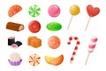 Cartoon candies. Sweet caramel desserts. Lollipop and gummy jelly. Toffee and chocolate sweets of round or square shapes