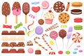 Cartoon candies, sweets, desserts, lollipops, chocolate. Candy, cupcake, macaron, ice cream, jelly worm. Sweet
