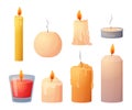 Cartoon candles. Birthday cake decoration. Lighted wick of wax candlelight. Romantic anniversary and Christmas