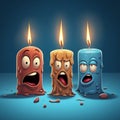 Cartoon candles with faces on blue background.